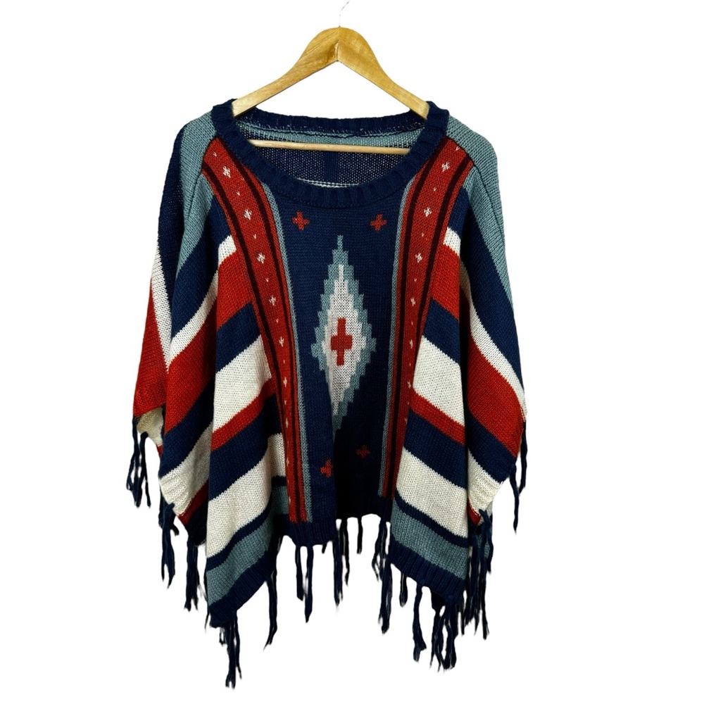 Southwestern Poncho Knit Fringe Tassels Orange Blue Aztec One Size O/S Stripe